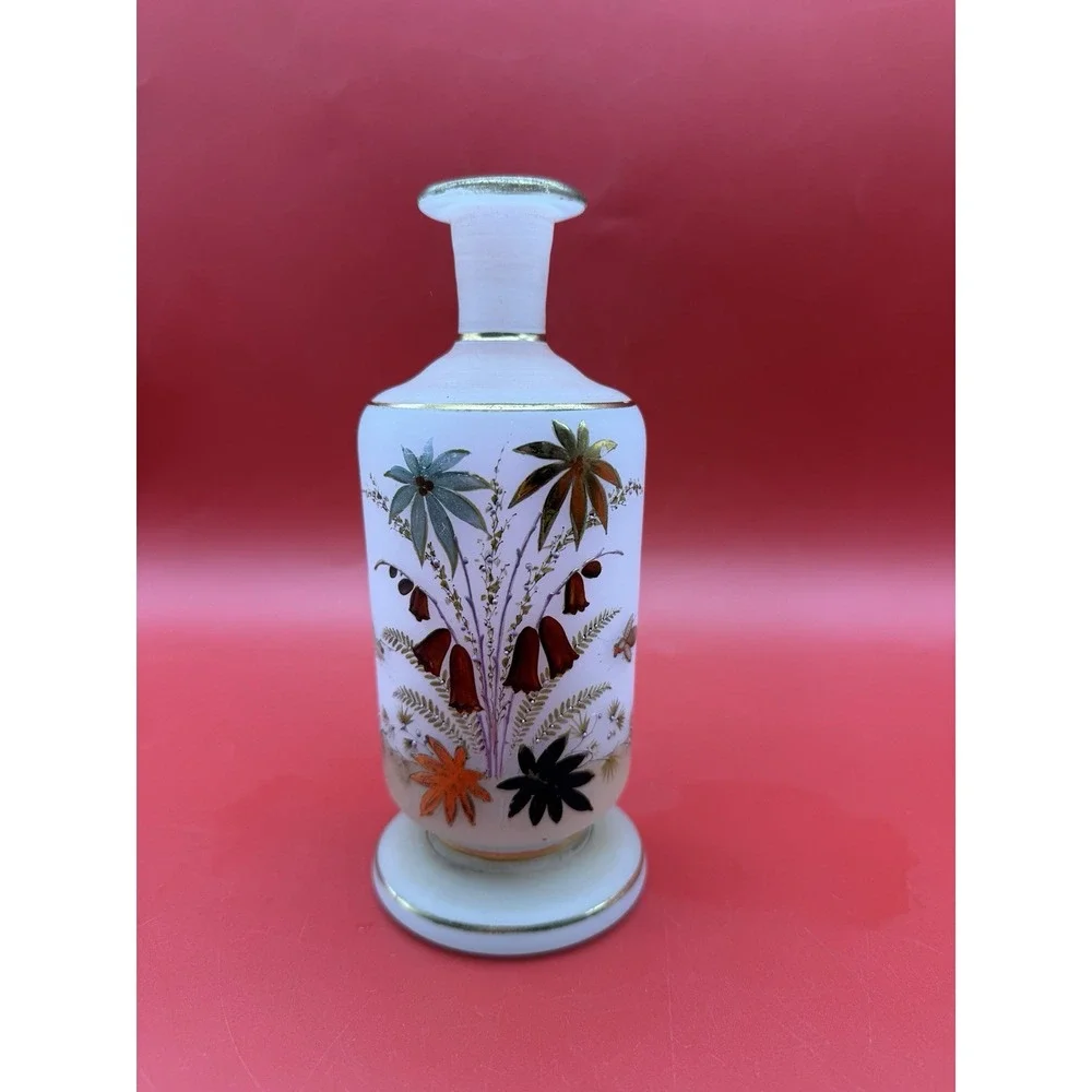 Hand Painted Floral White Opaline Bristol Glass Bottle/Vase 6.75